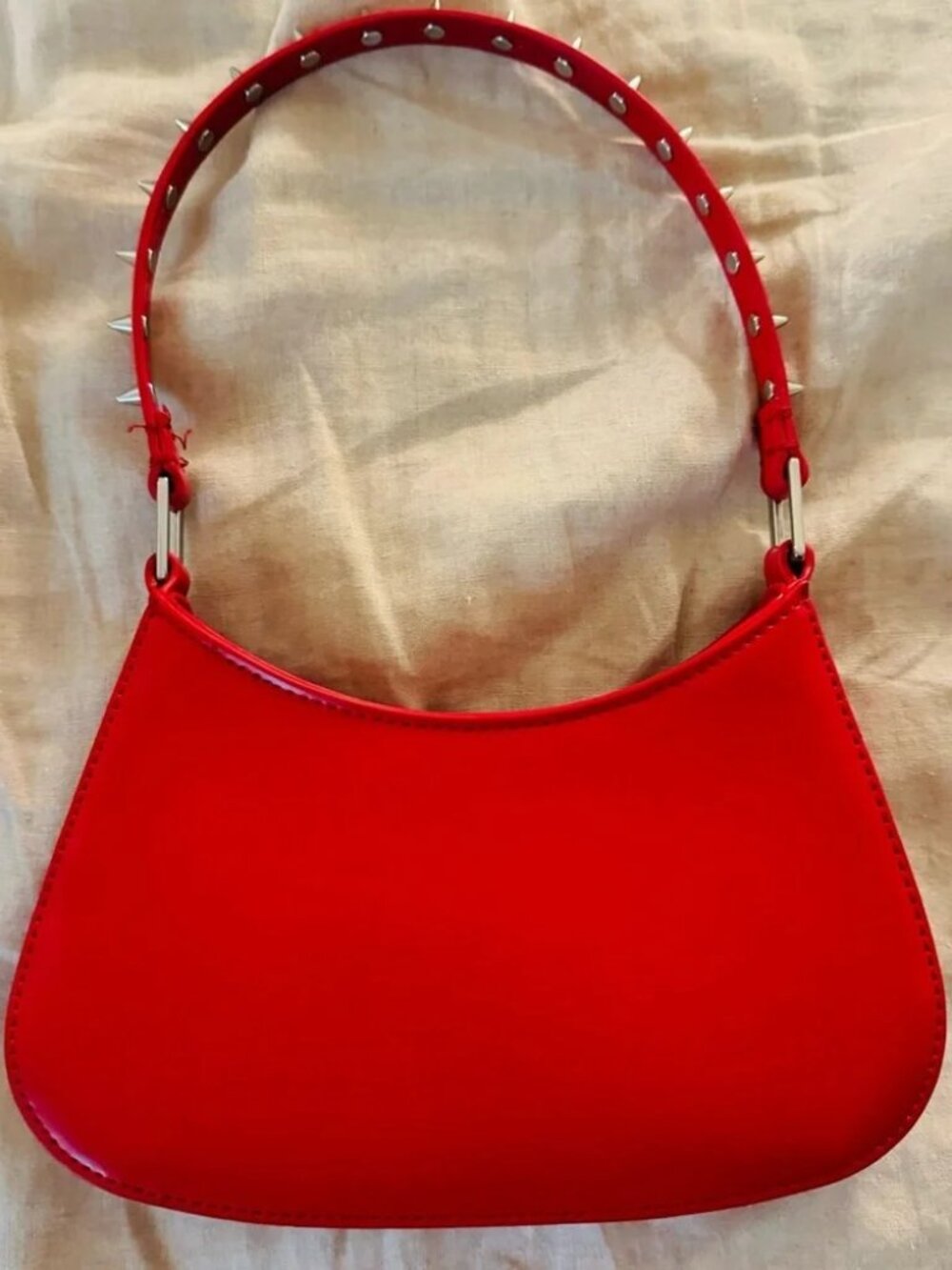 Mango Red Crescent Shoulder Bag Spiked Handle Silver Studs Baguette Mini Purse